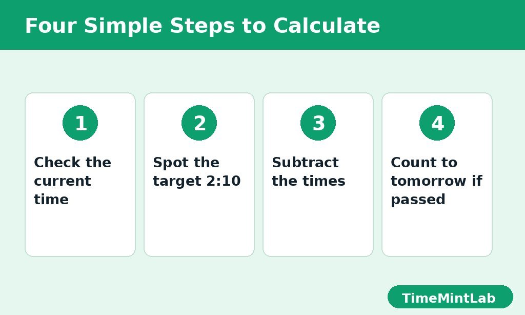 Four numbered step cards for working out the time until 2:10