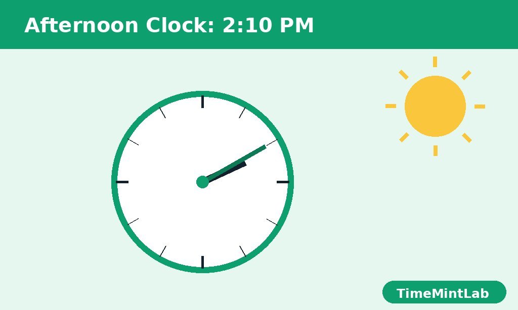 A clock showing 2:10 PM with a sun in the corner