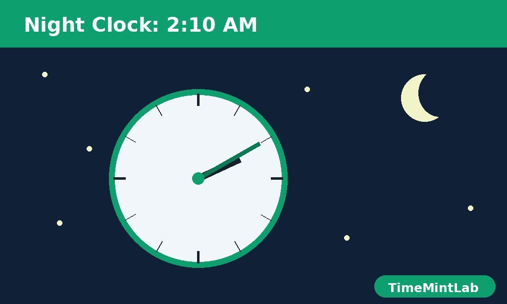 A clock showing 2:10 AM on a dark night background with a moon and stars