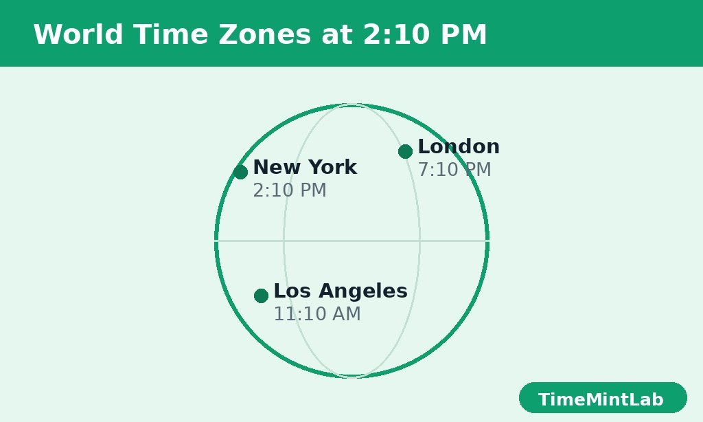 A globe graphic showing 2:10 PM in New York, 11:10 AM in Los Angeles and 7:10 PM in London
