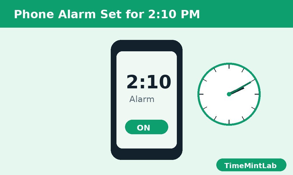 A phone showing an alarm set for 2:10 next to a small clock
