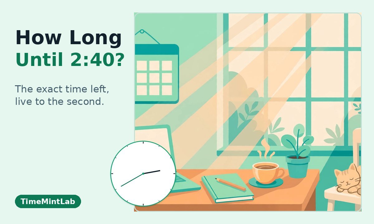 Illustration of a desk with a laptop, calendar and coffee by a sunny window, with a clock showing 2:40