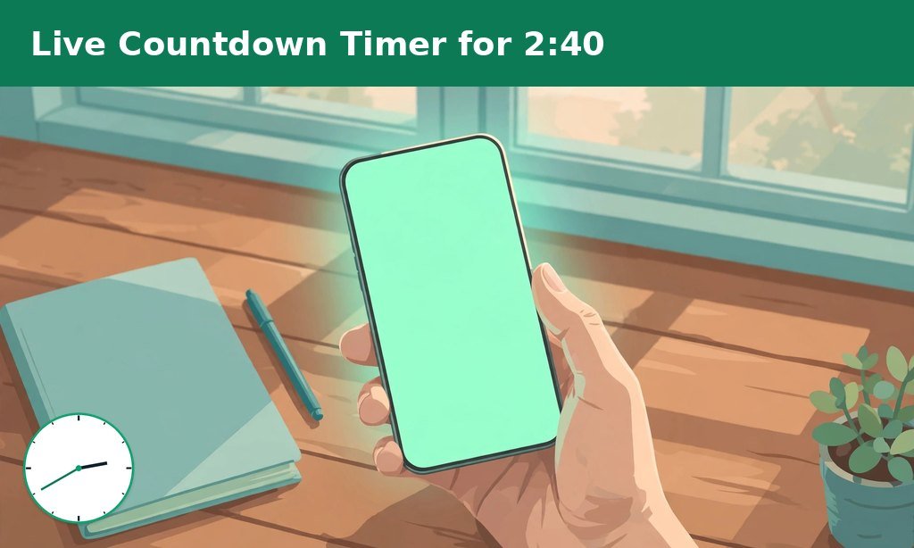 A hand holding a phone with a live countdown showing how long until 2:40, over a desk with a notebook and pen
