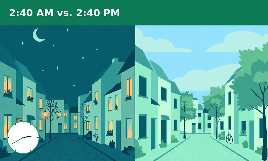 The same street shown at night under a moon on the left and in bright afternoon sun on the right